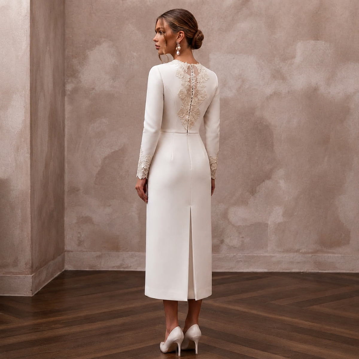 Classic Off - White Cashmere & Silk Midi for Rehearsal Luncheon - Apparel & Accessories > Clothing > Wedding & Bridal Party Dresses > Wedding Dresses - Mignonette Bridal