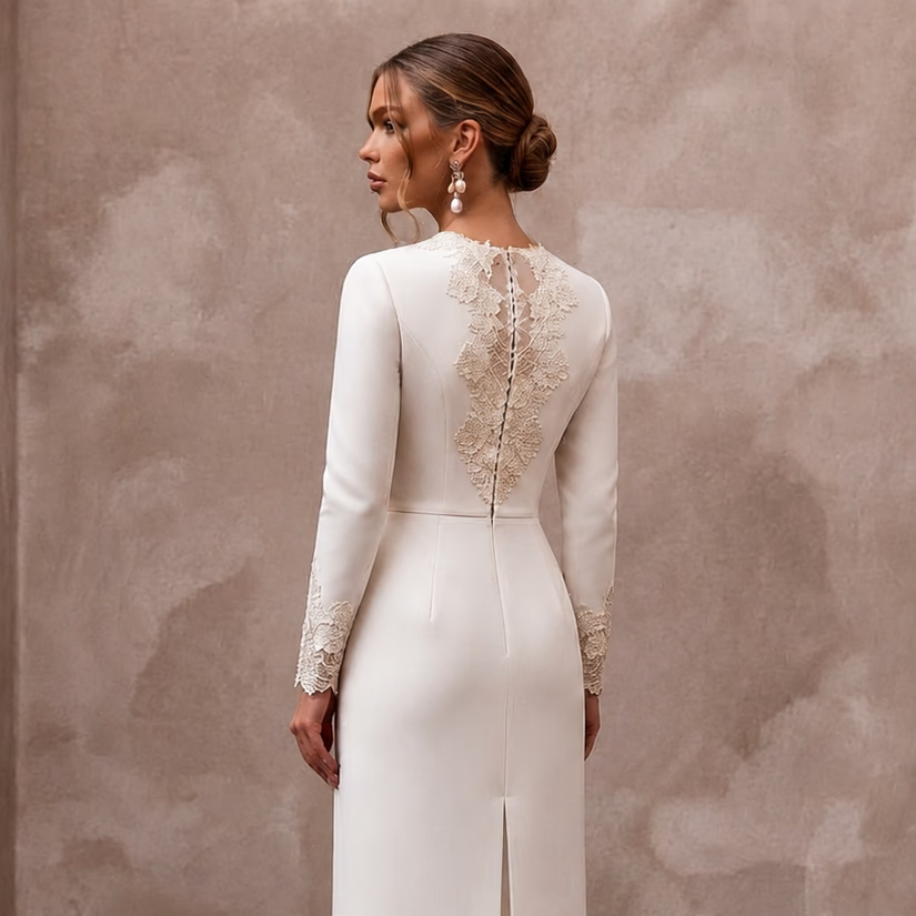 Classic Off - White Cashmere & Silk Midi for Rehearsal Luncheon - Apparel & Accessories > Clothing > Wedding & Bridal Party Dresses > Wedding Dresses - Mignonette Bridal