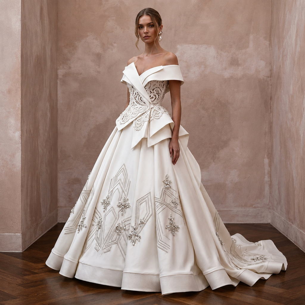 Classic Off-White Satin A-Line Wedding Gown for Engagement Party