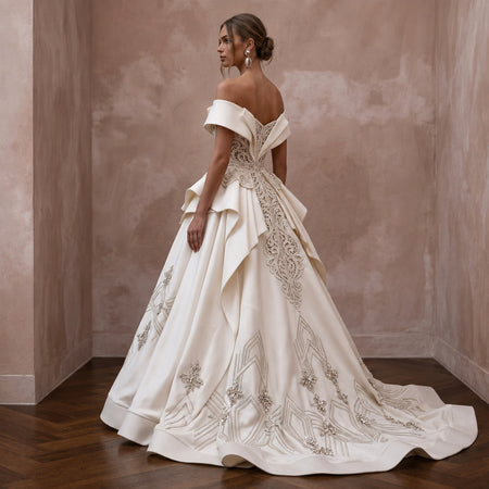 Classic Off - White Satin A - Line Wedding Gown for Engagement Party - Apparel & Accessories > Clothing > Wedding & Bridal Party Dresses > Wedding Dresses - Mignonette Bridal