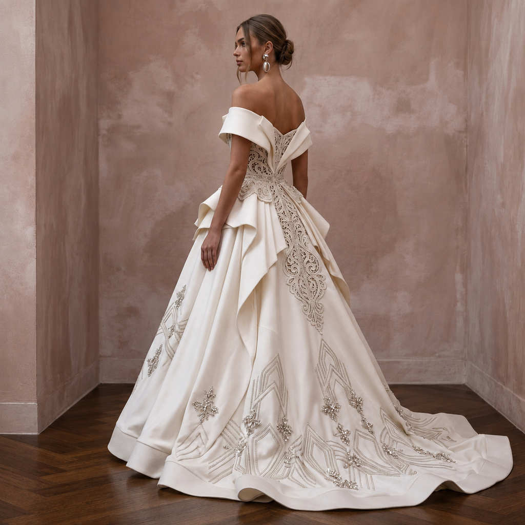Classic Off-White Satin A-Line Wedding Gown for Engagement Party