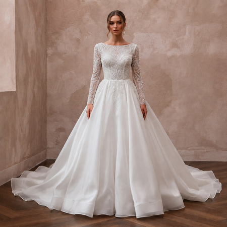 Classic Organza Ball Gown Wedding Dress with Long Sleeves