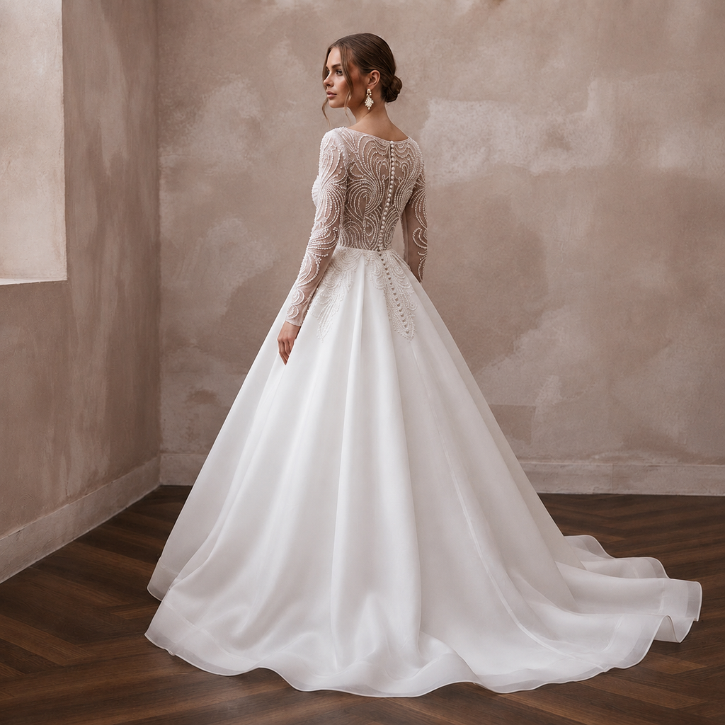 Classic Organza Ball Gown Wedding Dress with Long Sleeves