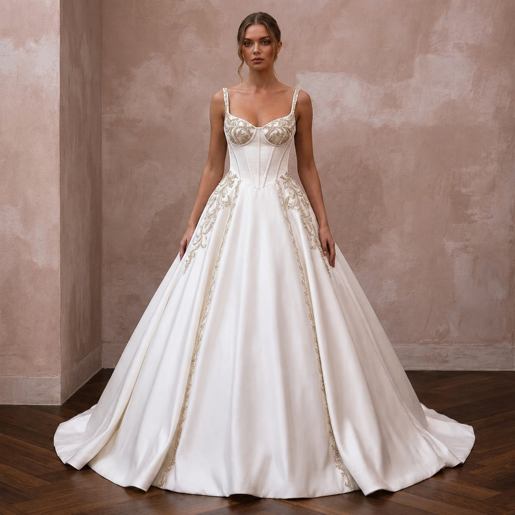 Classic Satin Ball Gown Wedding Dress with Corset Bodice - Apparel & Accessories > Clothing > Wedding & Bridal Party Dresses > Wedding Dresses - Mignonette Bridal