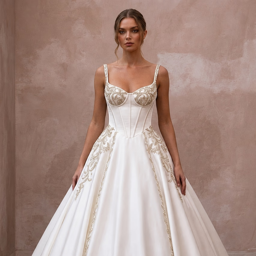 Classic Satin Ball Gown Wedding Dress with Corset Bodice - Apparel & Accessories > Clothing > Wedding & Bridal Party Dresses > Wedding Dresses - Mignonette Bridal