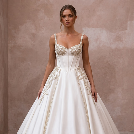 Classic Satin Ball Gown Wedding Dress with Corset Bodice - Apparel & Accessories > Clothing > Wedding & Bridal Party Dresses > Wedding Dresses - Mignonette Bridal