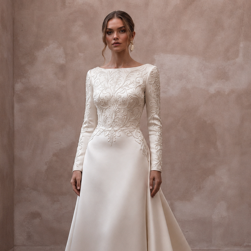 Classic Satin Bridal Dress with Long Sleeves for an Evening Wedding - Apparel & Accessories > Clothing > Wedding & Bridal Party Dresses > Wedding Dresses - Mignonette Bridal