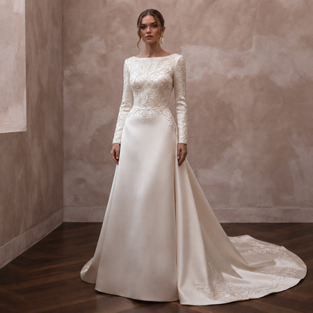 Classic Satin Bridal Dress with Long Sleeves for an Evening Wedding - Apparel & Accessories > Clothing > Wedding & Bridal Party Dresses > Wedding Dresses - Mignonette Bridal