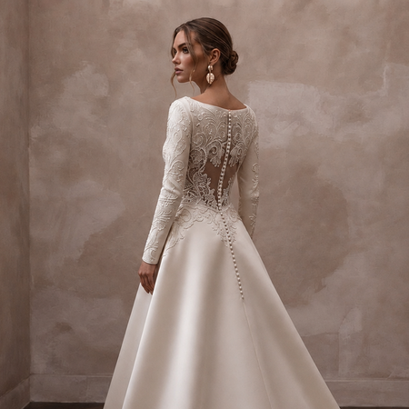 Classic Satin Bridal Dress with Long Sleeves for an Evening Wedding - Apparel & Accessories > Clothing > Wedding & Bridal Party Dresses > Wedding Dresses - Mignonette Bridal