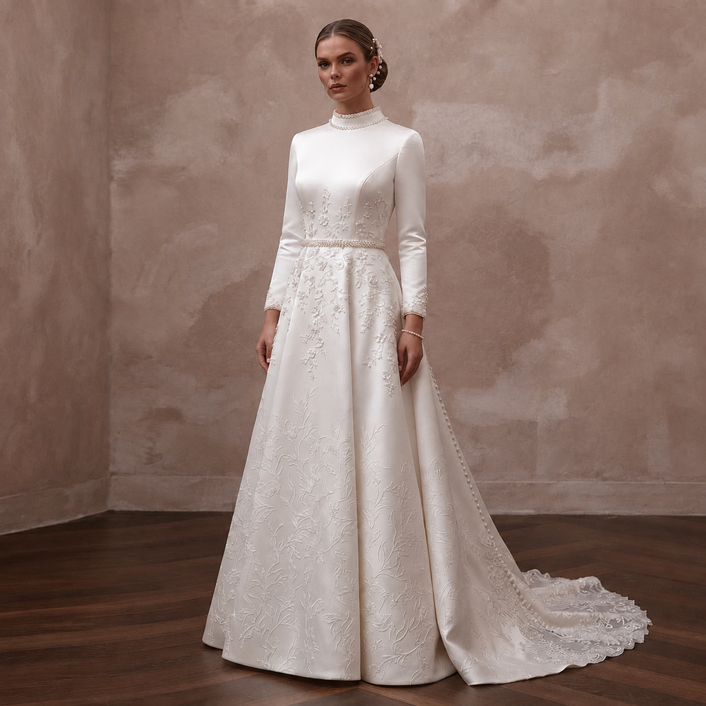 Ivory satin high-neck wedding dress with long sleeves and embroidered A-line skirt