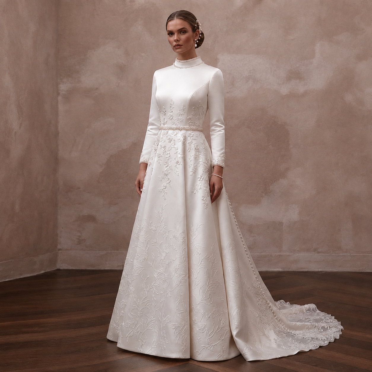 Ivory satin high-neck wedding dress with long sleeves and embroidered A-line skirt