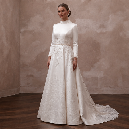 Ivory satin high-neck wedding dress with long sleeves and embroidered A-line skirt