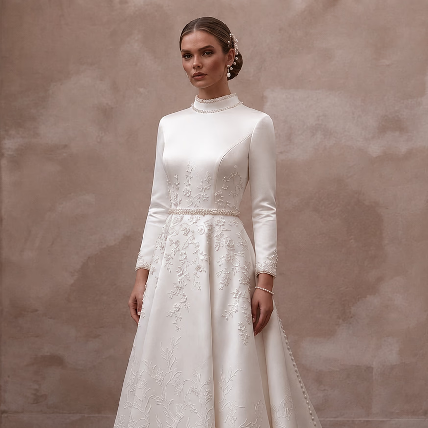 Ivory satin high-neck wedding dress, fitted bodice, long sleeves with floral embroidery