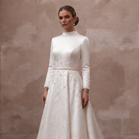 Ivory satin high-neck wedding dress, fitted bodice, long sleeves with floral embroidery