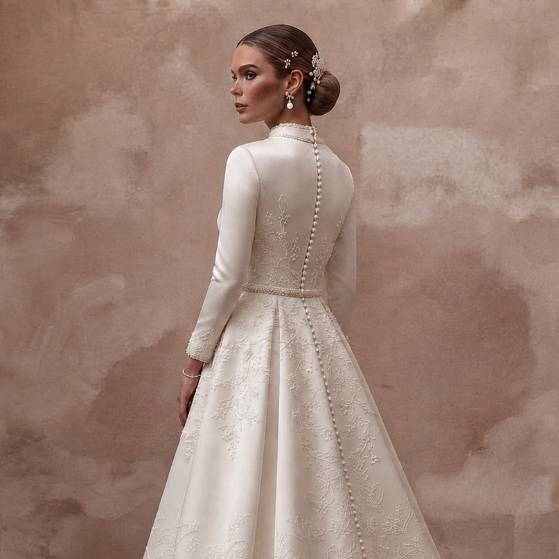 Ivory satin wedding dress with high back and floral embroidery, pearl-strand back detailing