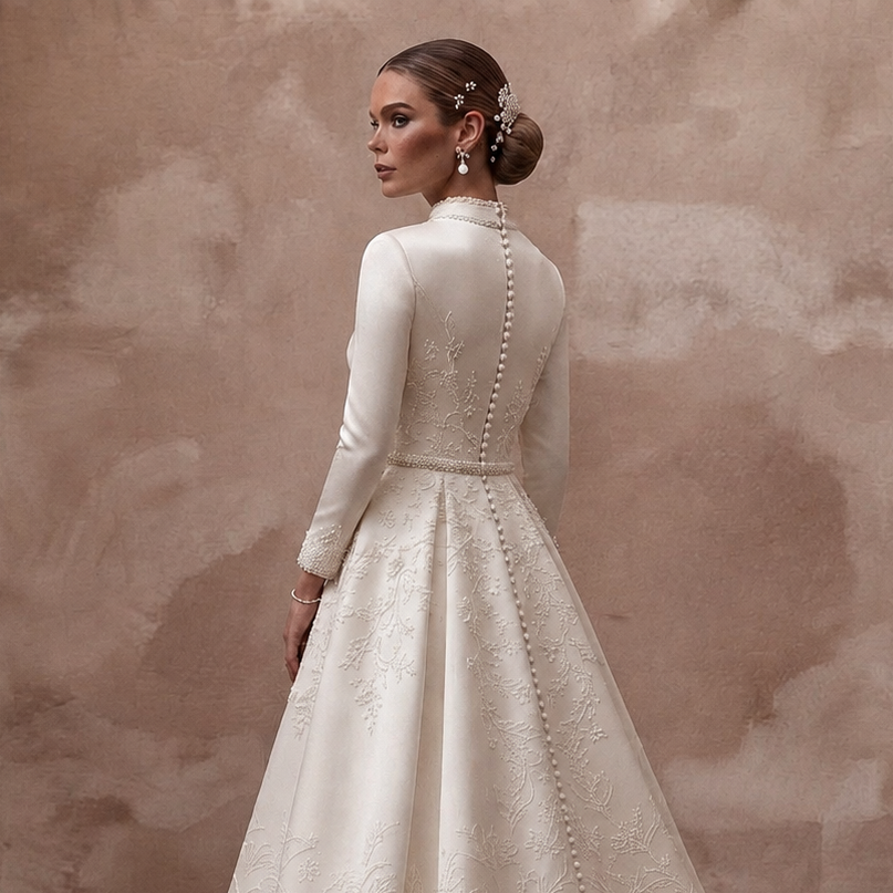 Ivory satin wedding dress with high back and floral embroidery, pearl-strand back detailing