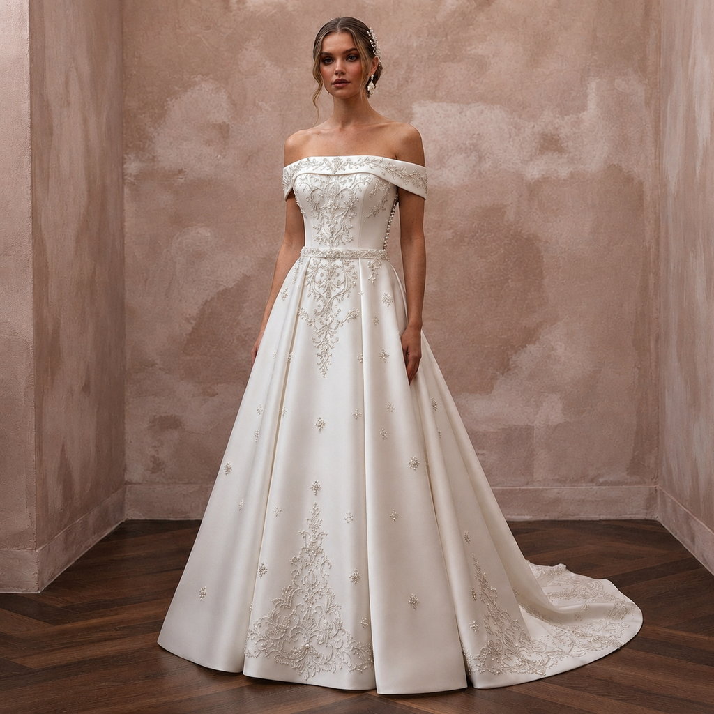 Ivory satin off-shoulder A-line wedding dress with embroidered bodice and skirt