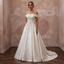 Ivory satin off-shoulder A-line wedding dress with embroidered bodice and skirt