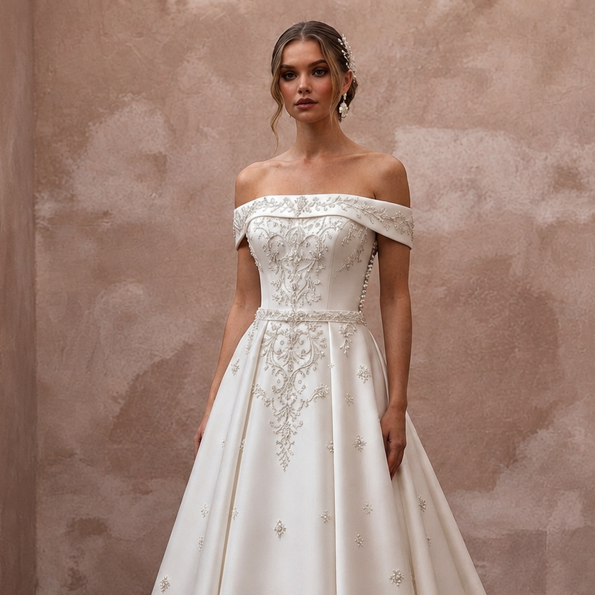Ivory off-shoulder satin wedding dress with lace-like embroidery and fitted waist