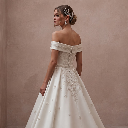 Ivory off-shoulder satin wedding dress with embroidered back detailing and flowing skirt