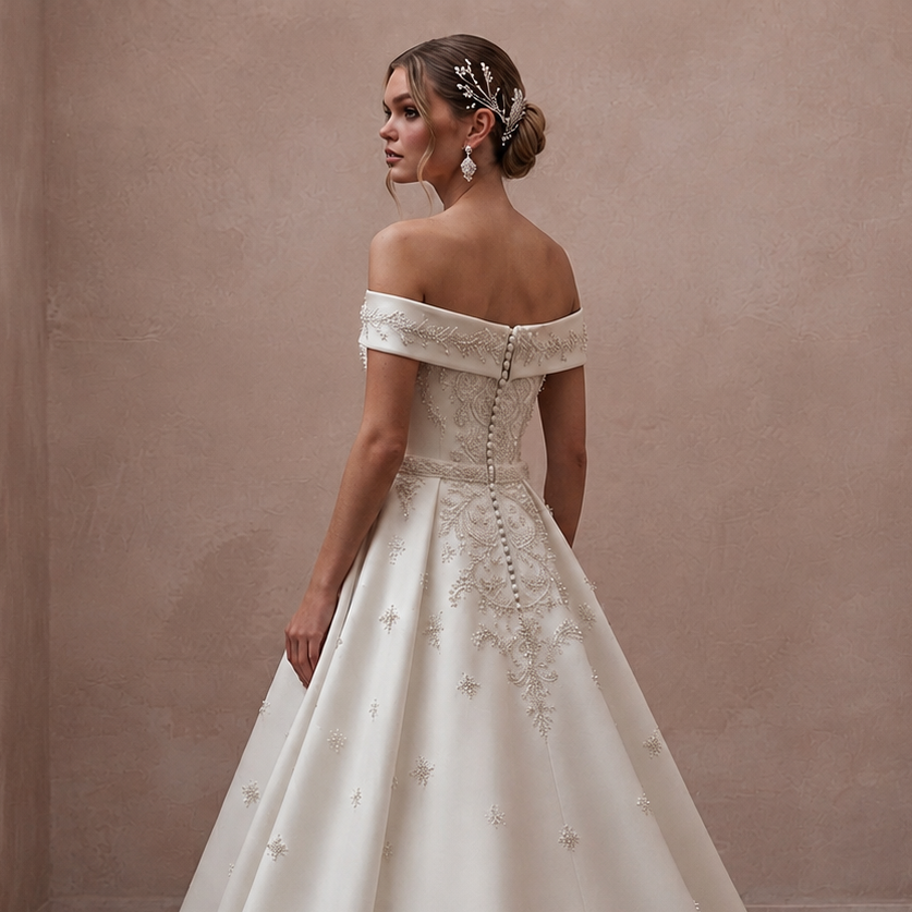 Ivory off-shoulder satin wedding dress with embroidered back detailing and flowing skirt
