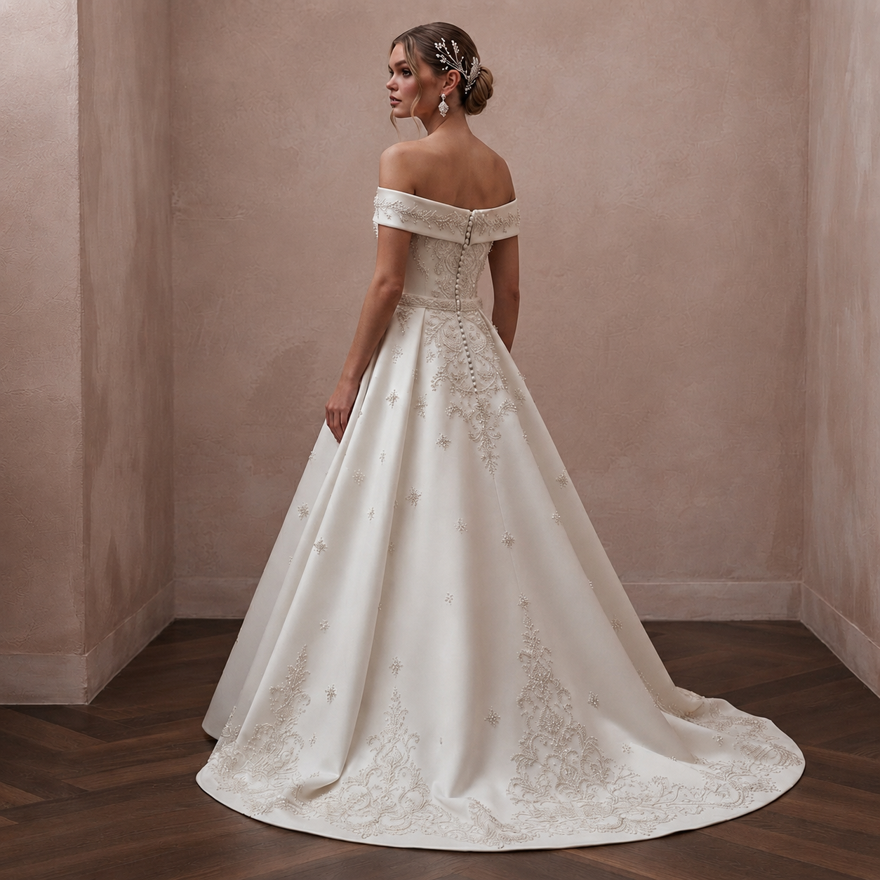Ivory A-line wedding dress, off-shoulder satin with ornate back and full skirt