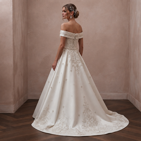 Ivory A-line wedding dress, off-shoulder satin with ornate back and full skirt