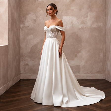 Off-the-shoulder satin wedding gown with corset bodice and lace detail, A-line skirt