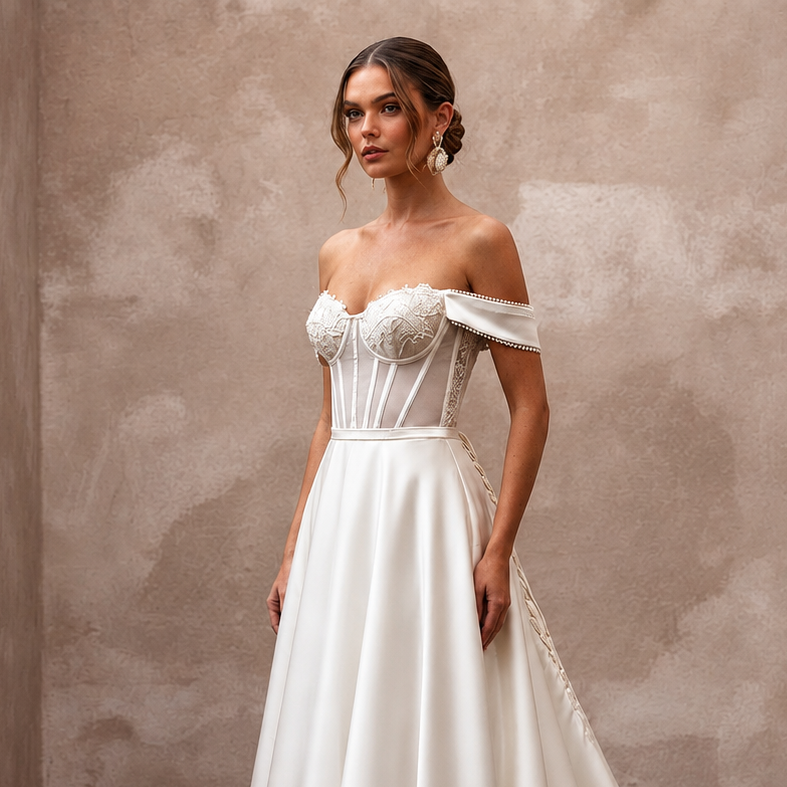 Off-the-shoulder satin wedding gown with corset bodice and embroidered bust, full skirt