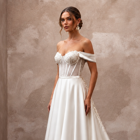 Off-the-shoulder satin wedding gown with corset bodice and embroidered bust, full skirt