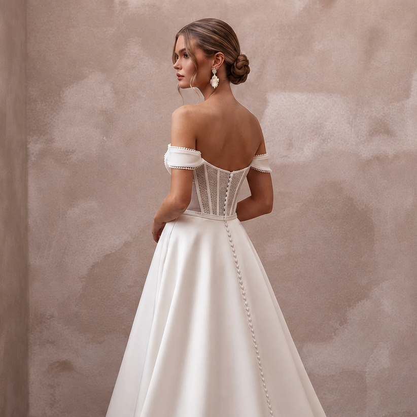 Satin wedding gown with corset bodice, off-shoulder lace straps, open back