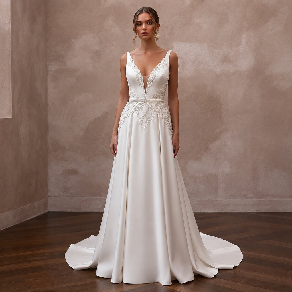 White satin A-line wedding dress with V-neck lace bodice and waist embroidery