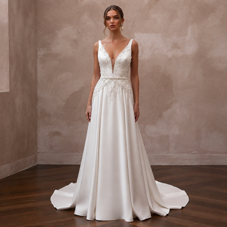 White satin A-line wedding dress with V-neck lace bodice and waist embroidery