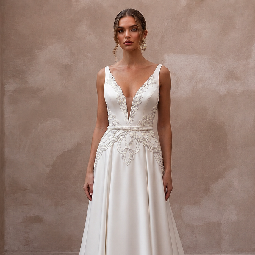 White satin A-line wedding dress with sleeveless V-neck lace bodice and beaded belt