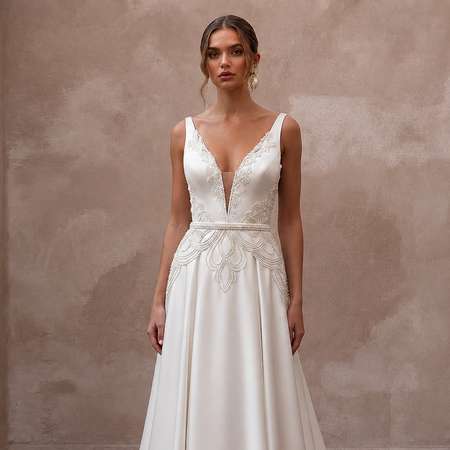 White satin A-line wedding dress with sleeveless V-neck lace bodice and beaded belt