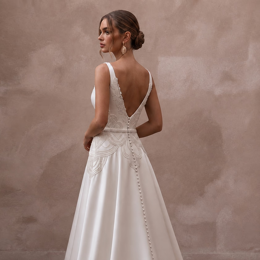 Ivory satin wedding dress with V-back, lace bodice, and A-line skirt