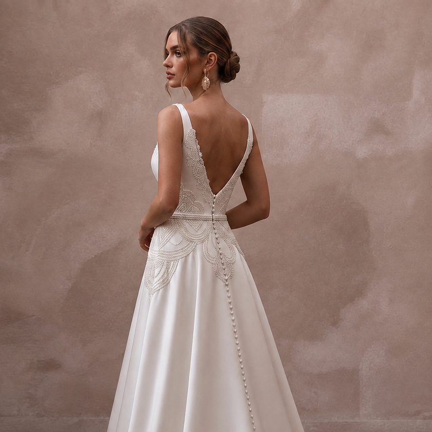 Ivory satin wedding dress with V-back, lace bodice, and A-line skirt