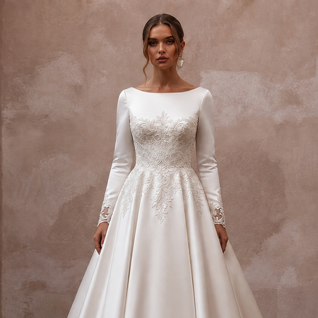 Classic Satin Wedding Dress with Long Sleeves and A - Line Silhouette - Apparel & Accessories > Clothing > Wedding & Bridal Party Dresses > Wedding Dresses - Mignonette Bridal