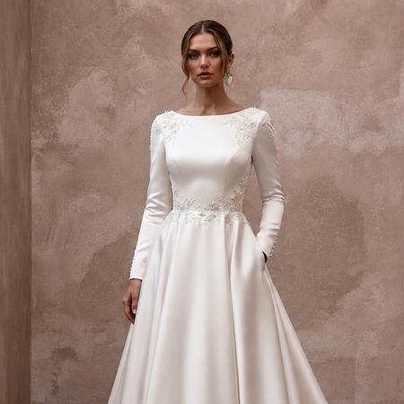 Classic Satin Wedding Dress with Long Sleeves and A-Line Silhouette