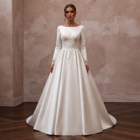 Classic Satin Wedding Dress with Long Sleeves and A - Line Silhouette - Apparel & Accessories > Clothing > Wedding & Bridal Party Dresses > Wedding Dresses - Mignonette Bridal