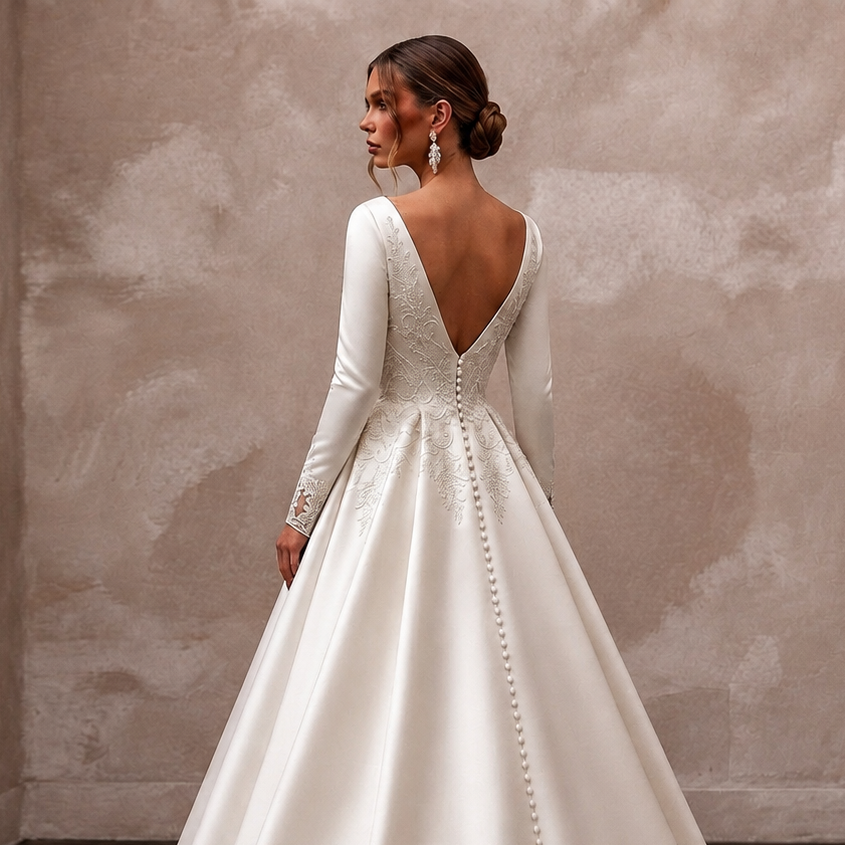 Classic Satin Wedding Dress with Long Sleeves and A - Line Silhouette - Apparel & Accessories > Clothing > Wedding & Bridal Party Dresses > Wedding Dresses - Mignonette Bridal