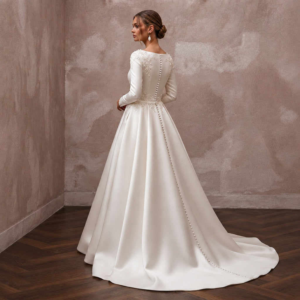 Classic Satin Wedding Dress with Long Sleeves and A-Line Silhouette