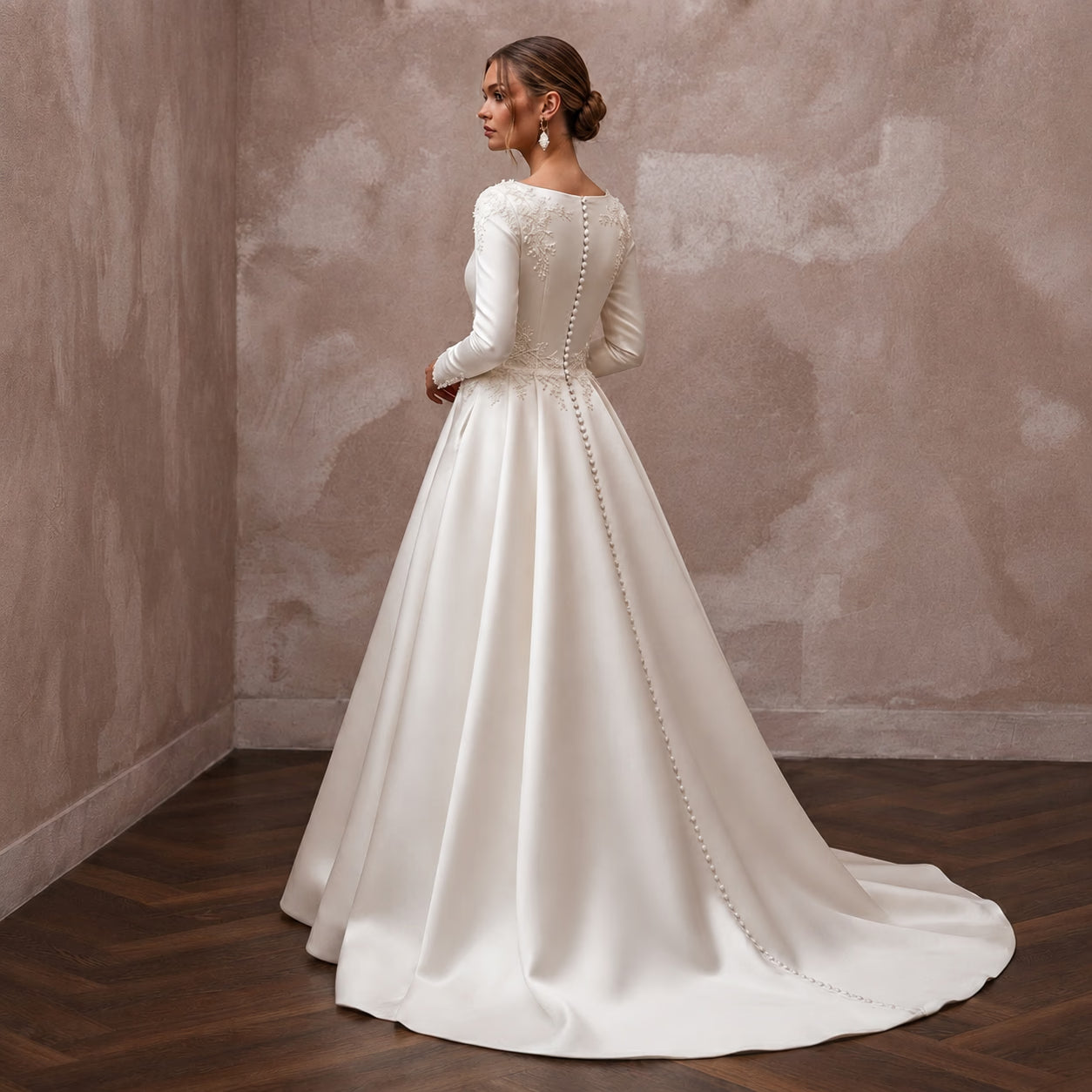 Classic Satin Wedding Dress with Long Sleeves and A-Line Silhouette