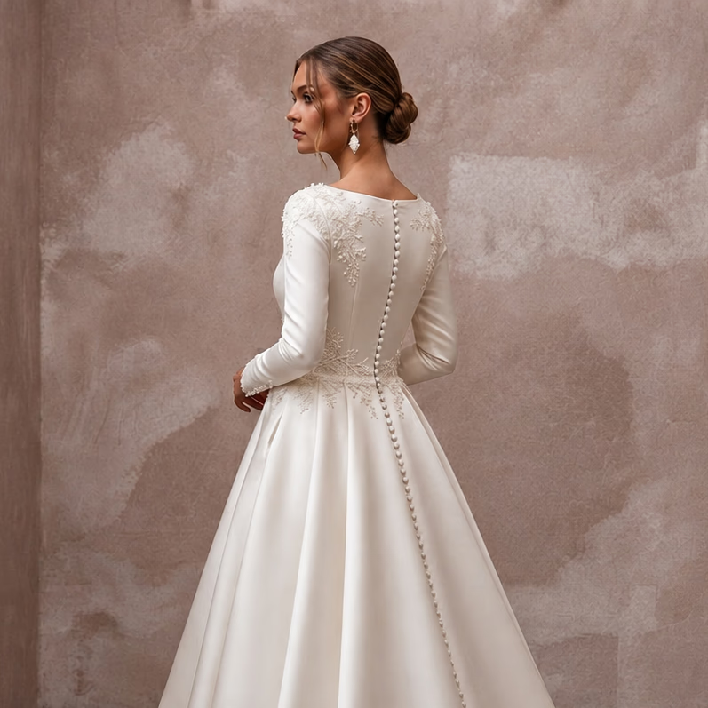 Classic Satin Wedding Dress with Long Sleeves and A-Line Silhouette