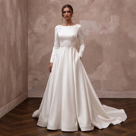 Classic Satin Wedding Dress with Long Sleeves and A-Line Silhouette