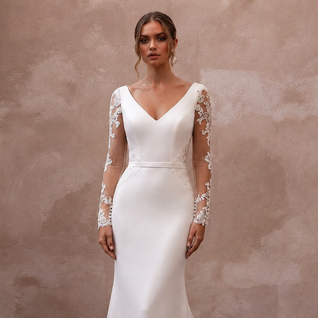 White satin mermaid wedding dress with V-neck and long lace sleeves