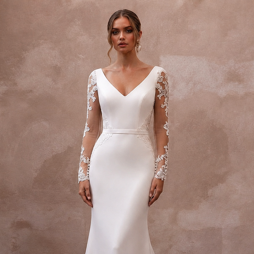 White satin mermaid wedding dress with V-neck and long lace sleeves