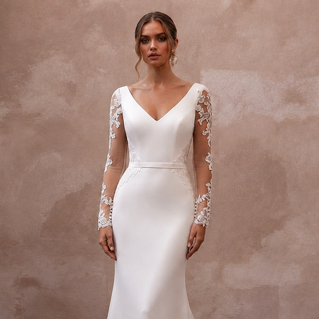 White satin mermaid wedding dress with V-neck and long lace sleeves