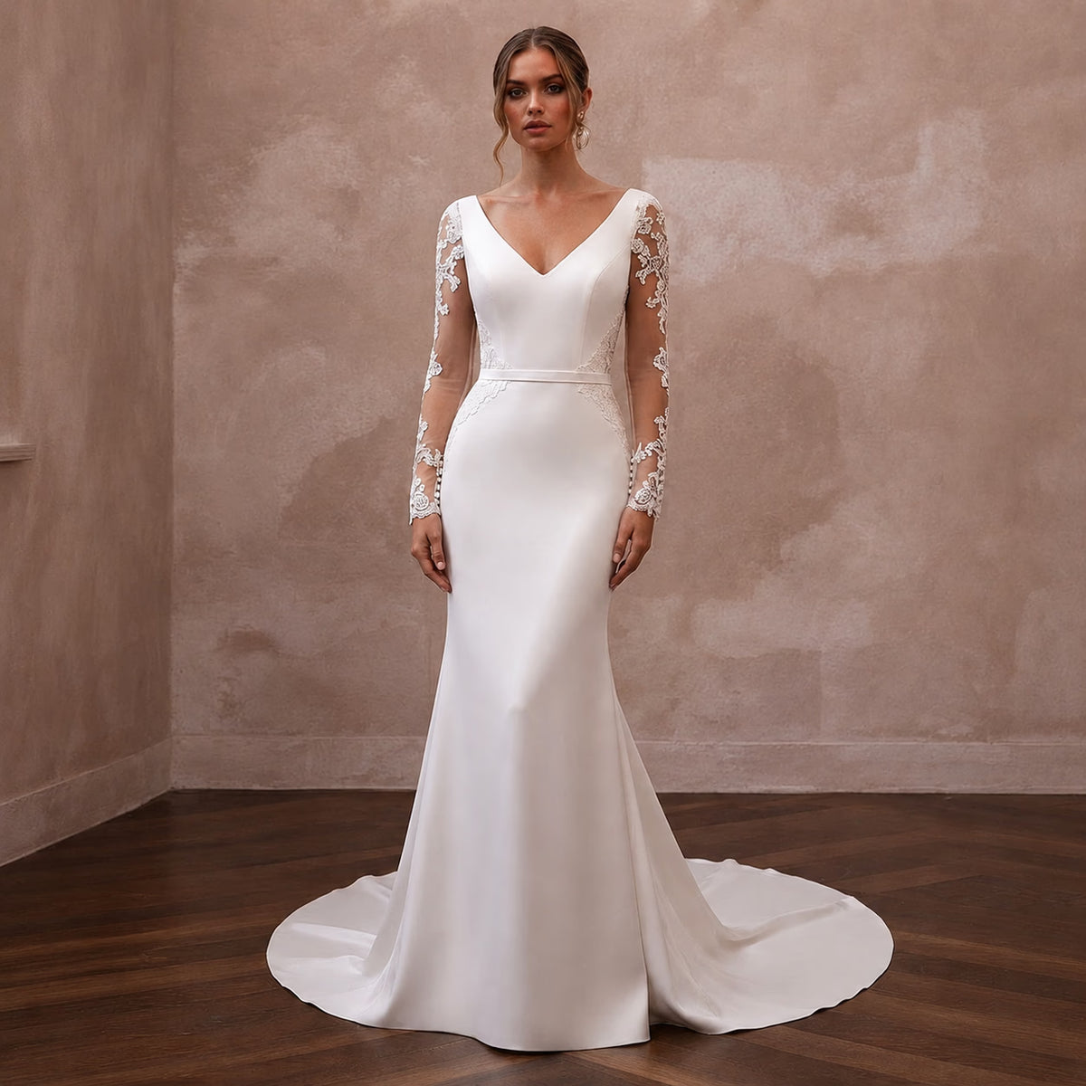 White satin mermaid wedding dress with V-neck, lace sleeves, full front view