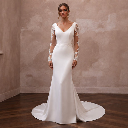 White satin mermaid wedding dress with V-neck, lace sleeves, full front view